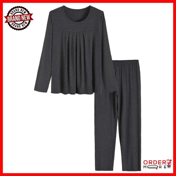 Long Sleeve Pleated Top & Pants Pajama Set with Pockets